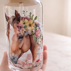 🐴 Boho Horse & Floral Glass Tumbler | 16oz